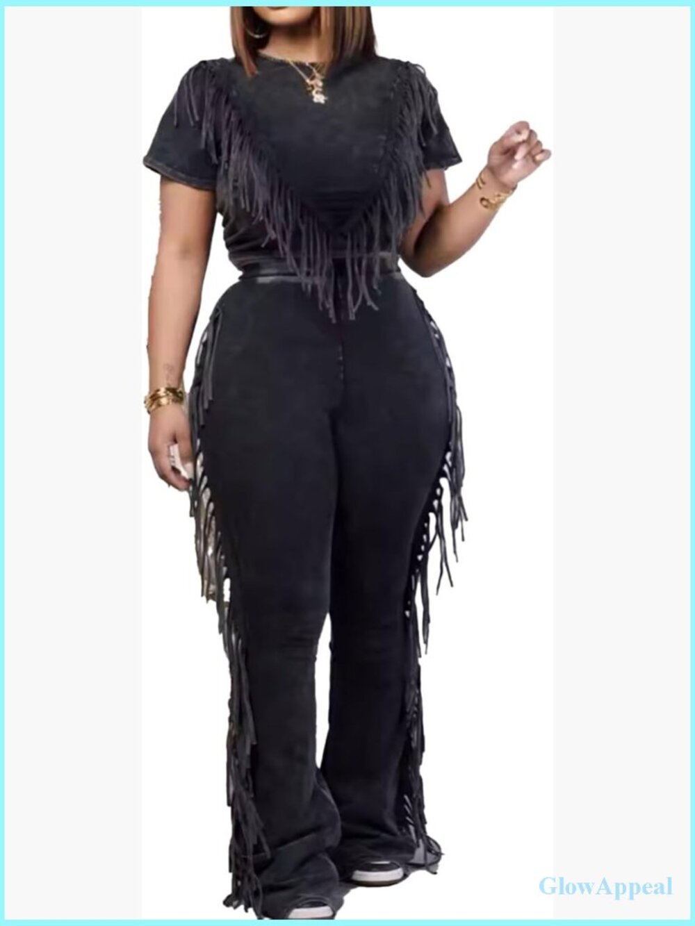 Fringe Crop Top Flare Pants Lounge Set 2 Piece Tracksuit